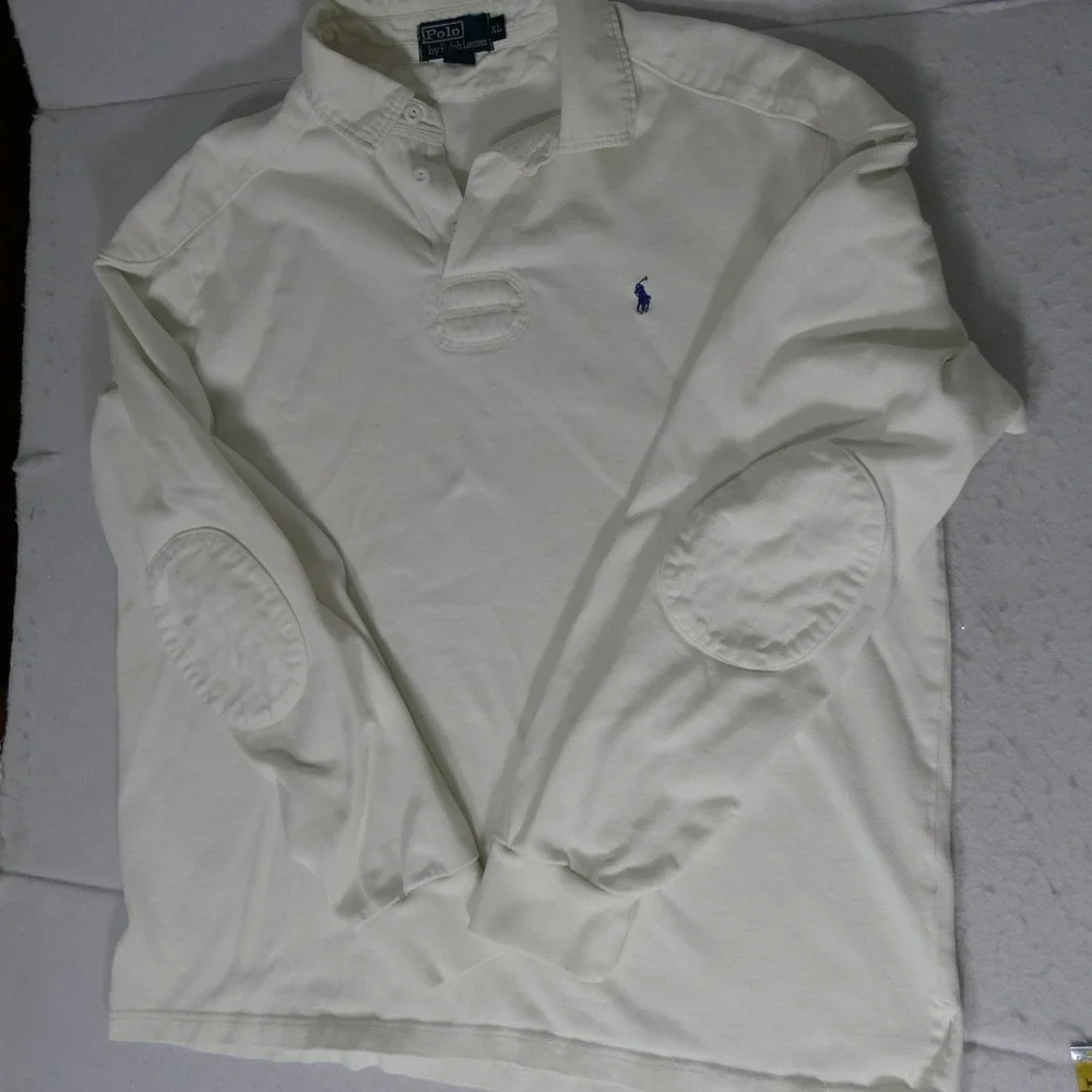 Polo Ralph Lauren Mens Rugby Shirt XL White Preppy Elbow Patch Long Sleeve